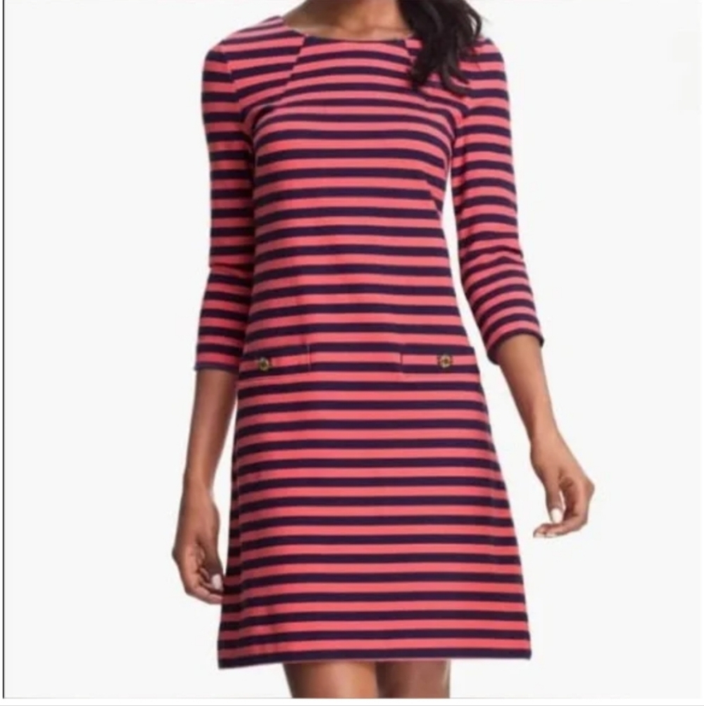 Lilly Pulitzer Charlene Pink And Navy Striped Long Sleeve Dress XS